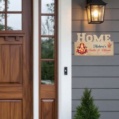 Personalized Lord Ganesha Theme Wooden Name Plate For Main Door, Flat & Office  Decorative Wall Hanging with Family Name & House Number  Gifts For New Home